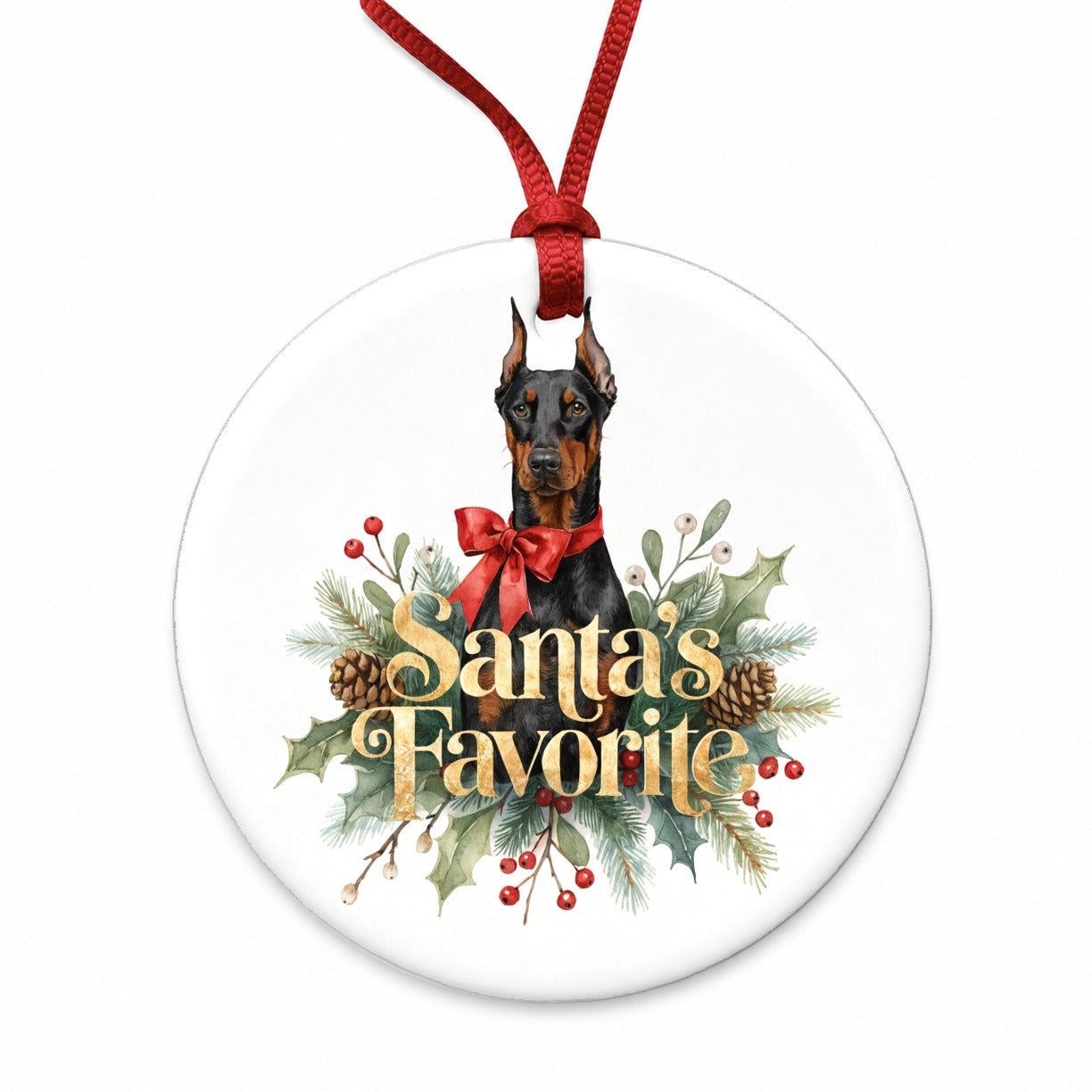 Doberman Dog Christmas Santa's Favorite Round Ceramic Holiday Christmas Tree Ornament