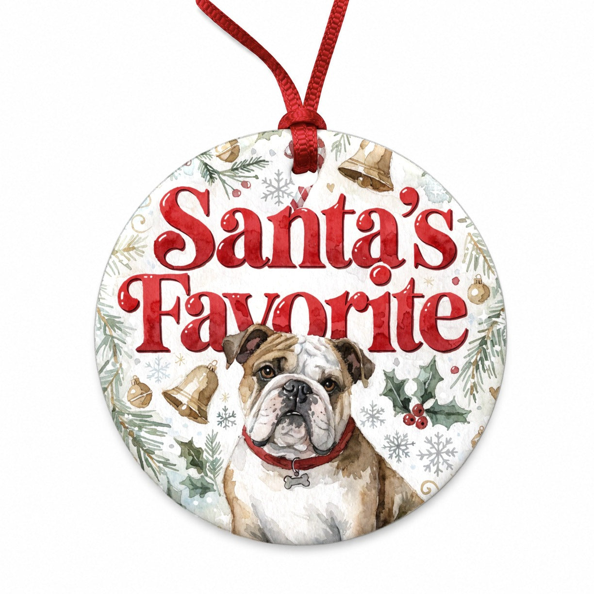 English Bulldog Christmas Santa's Favorite Round Ceramic Holiday Christmas Tree Ornament
