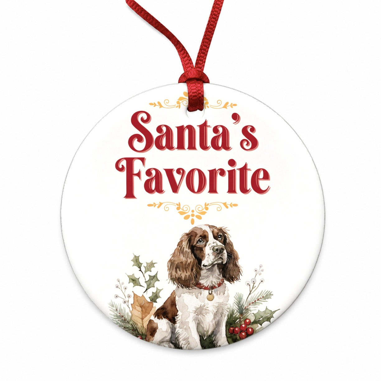 English Springer Spaniel Dog Christmas Santa's Favorite Round Ceramic Holiday Christmas Tree Ornament