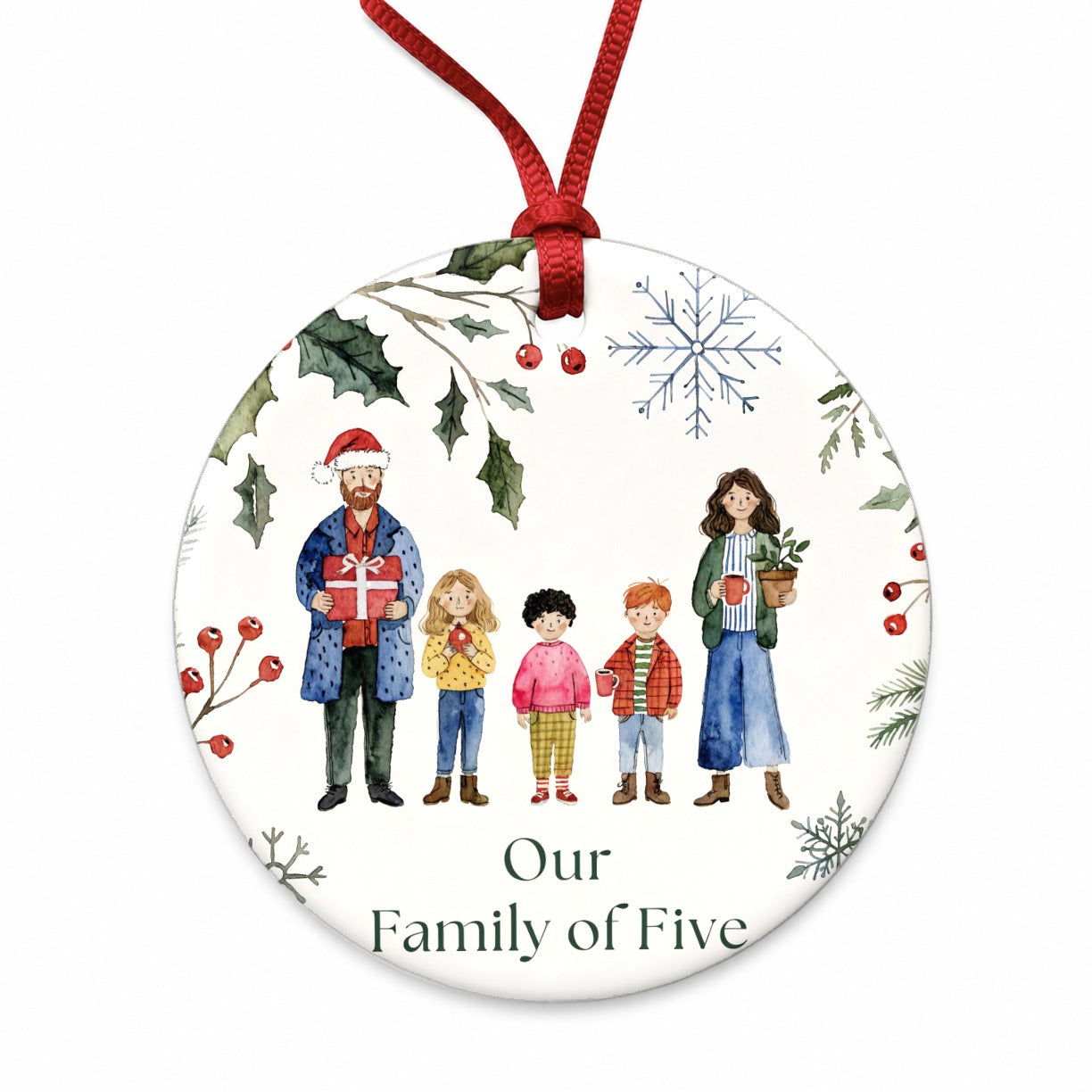 Family Of Five Christmas Round Ceramic Holiday Christmas Tree Ornament
