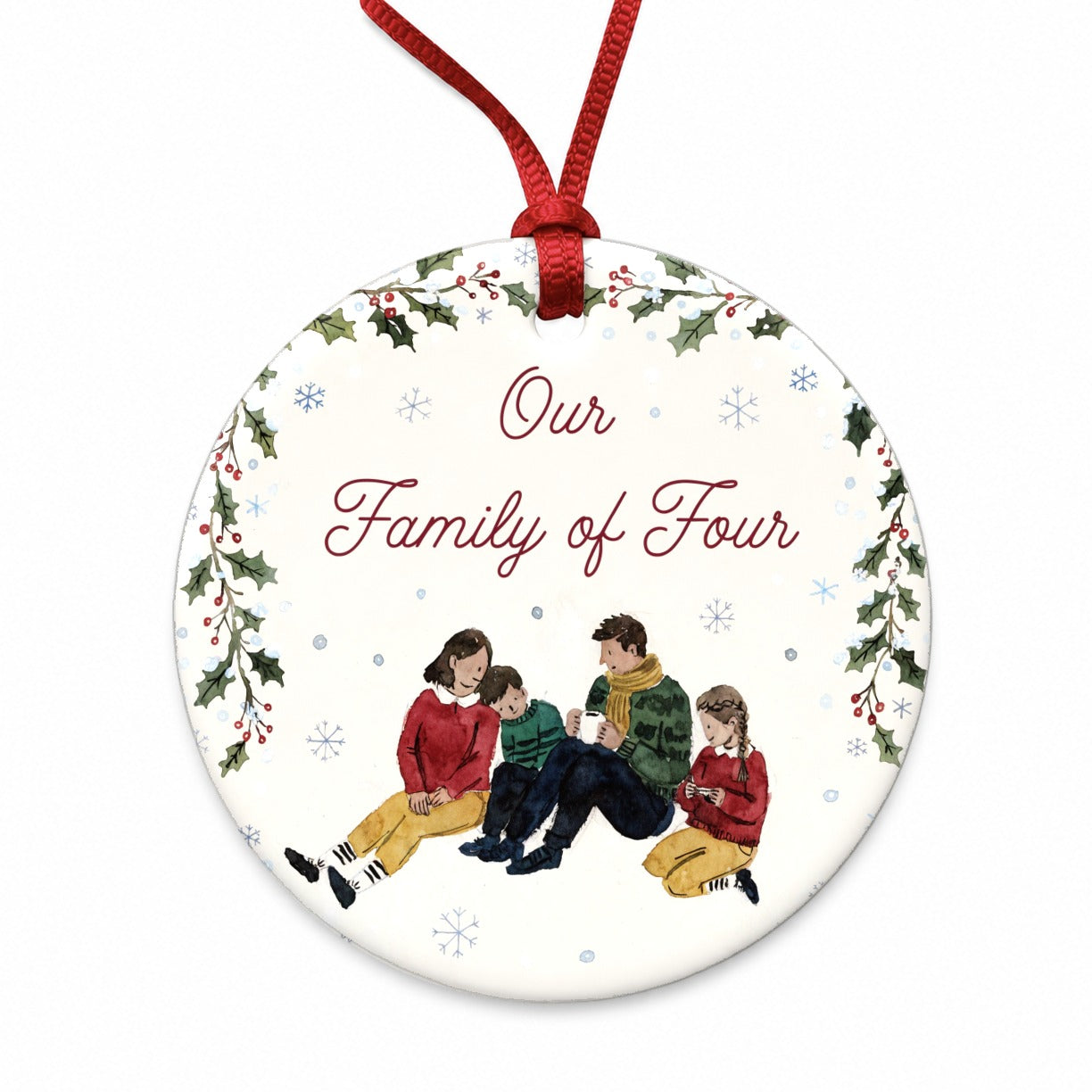 Family Of Four Christmas Round Ceramic Holiday Christmas Tree Ornament