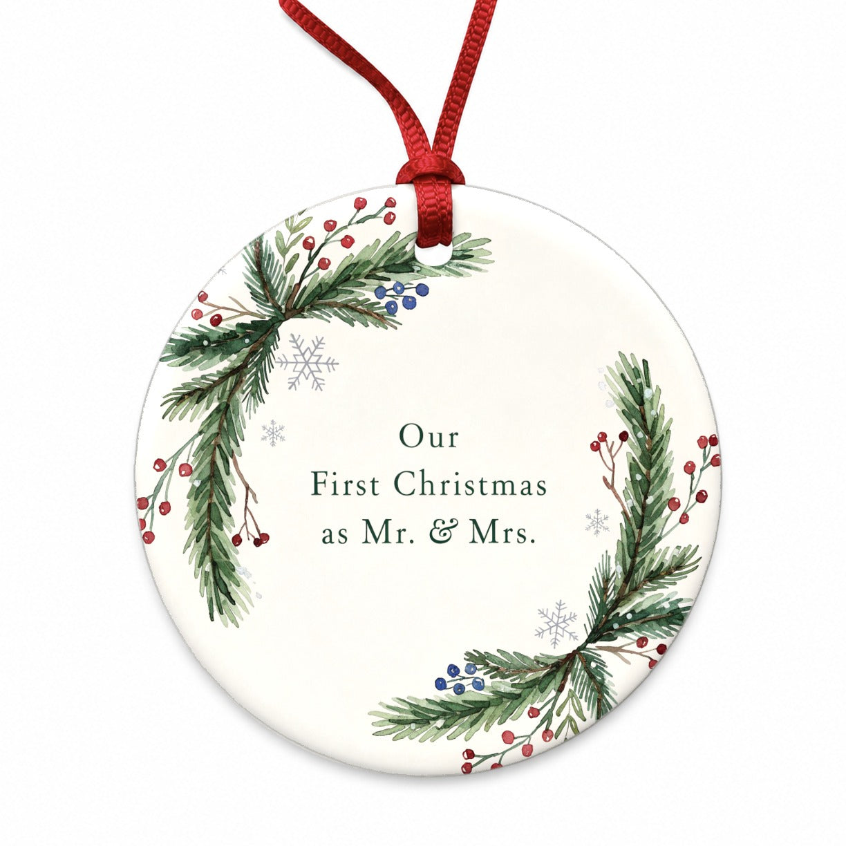 First Christmas As Mr Mrs Married Wedding Round Ceramic Holiday Christmas Tree Ornament