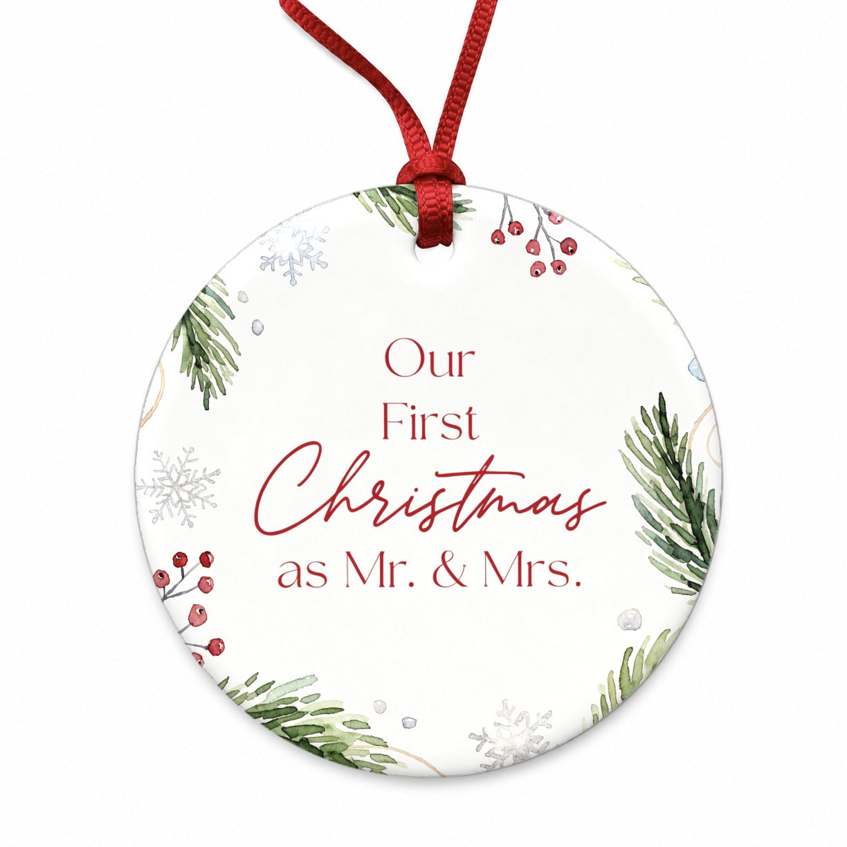 First Christmas As Mr Mrs Married Round Ceramic Holiday Christmas Tree Ornament