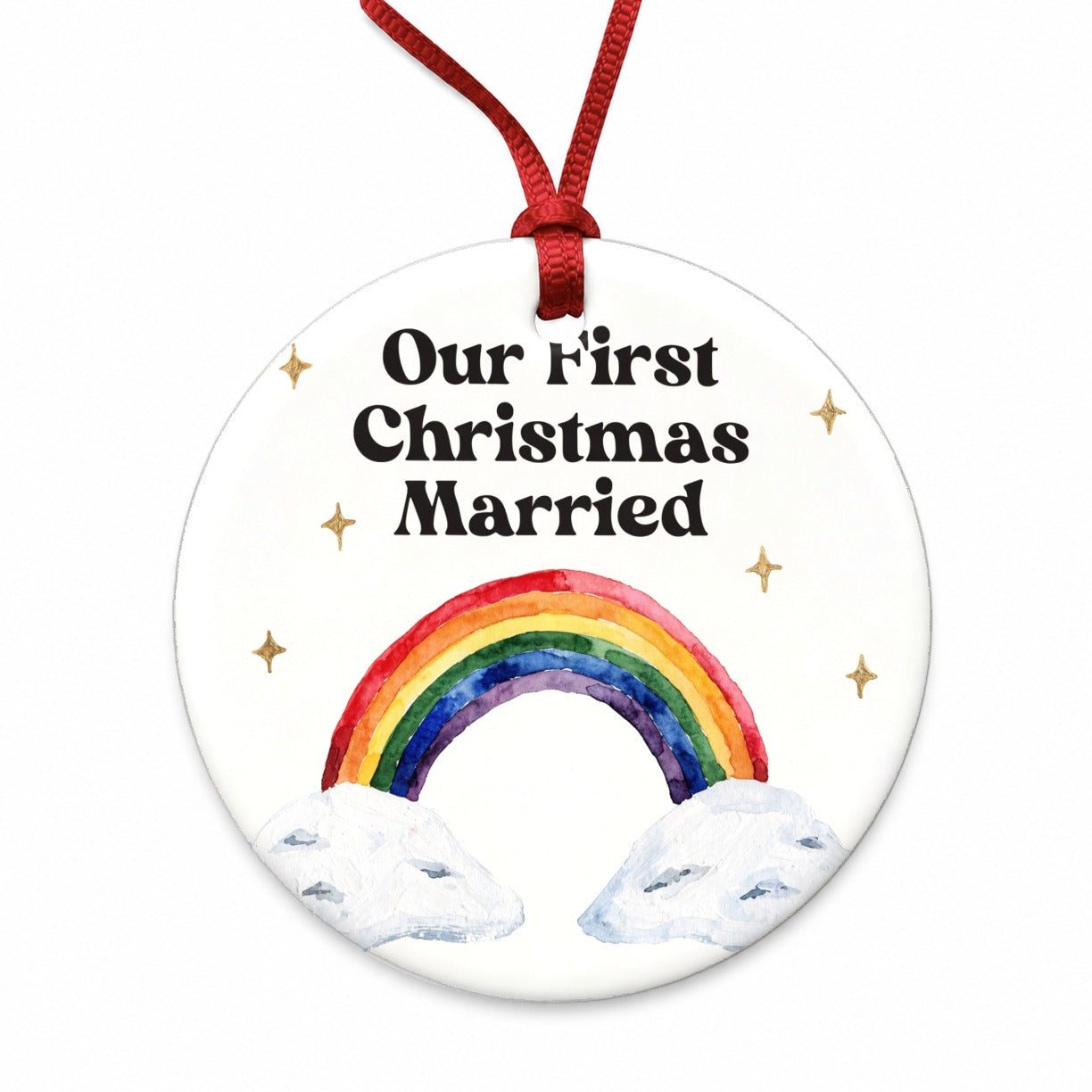 First Christmas Married LGBTQ Pride Rainbow Simple Round Ceramic Holiday Christmas Tree Ornament