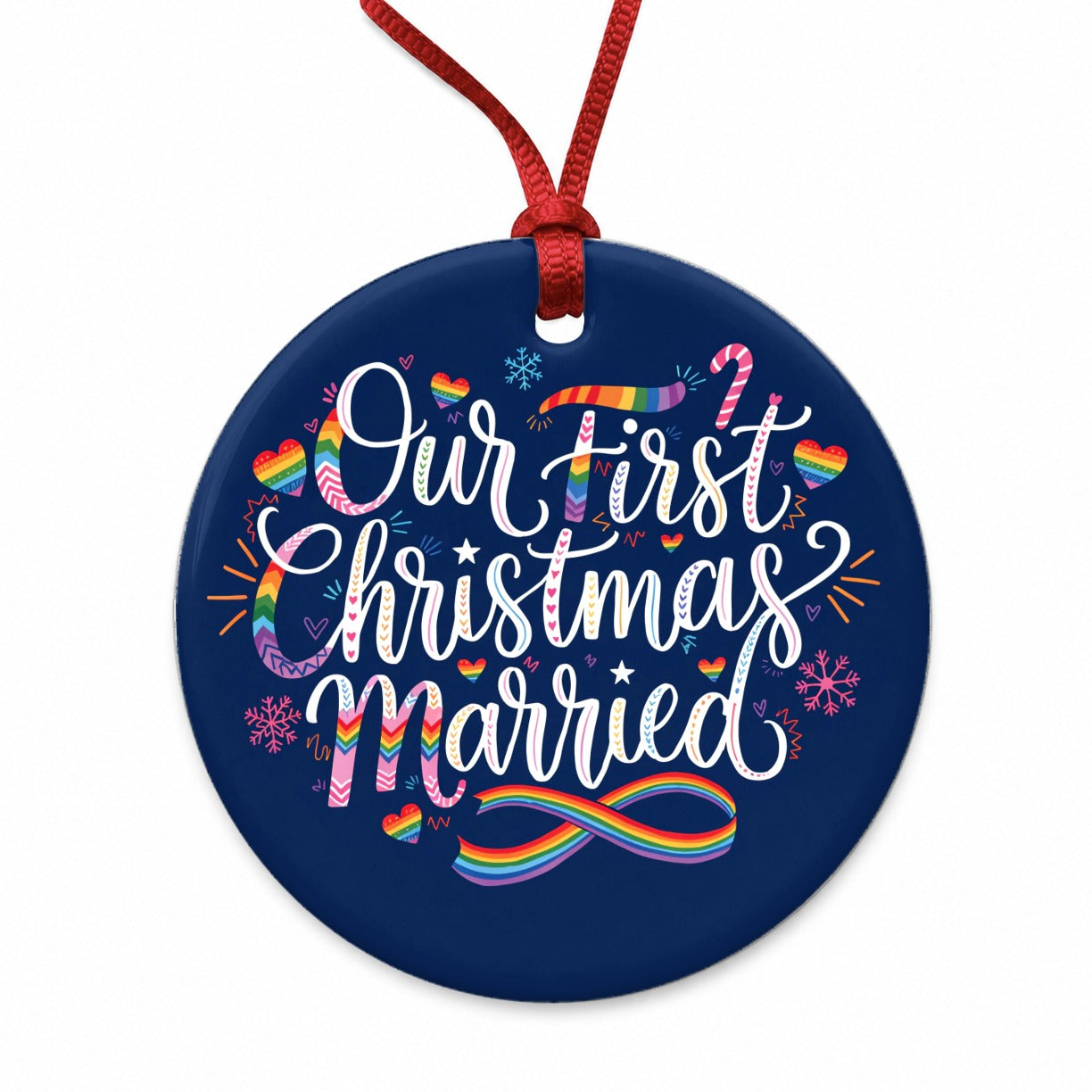 First Christmas Married Pride LGBTQ Round Ceramic Holiday Christmas Tree Ornament