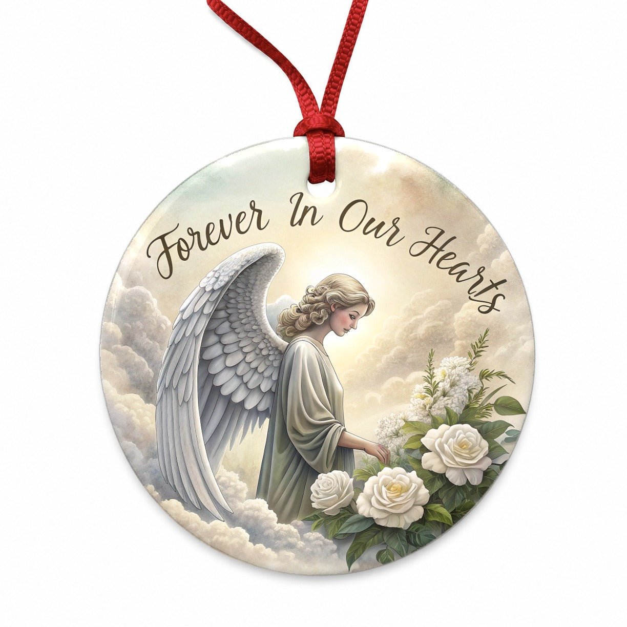 Forever In Our Hearts Elegant Angel Round Ceramic Holiday Christmas Tree Ornament