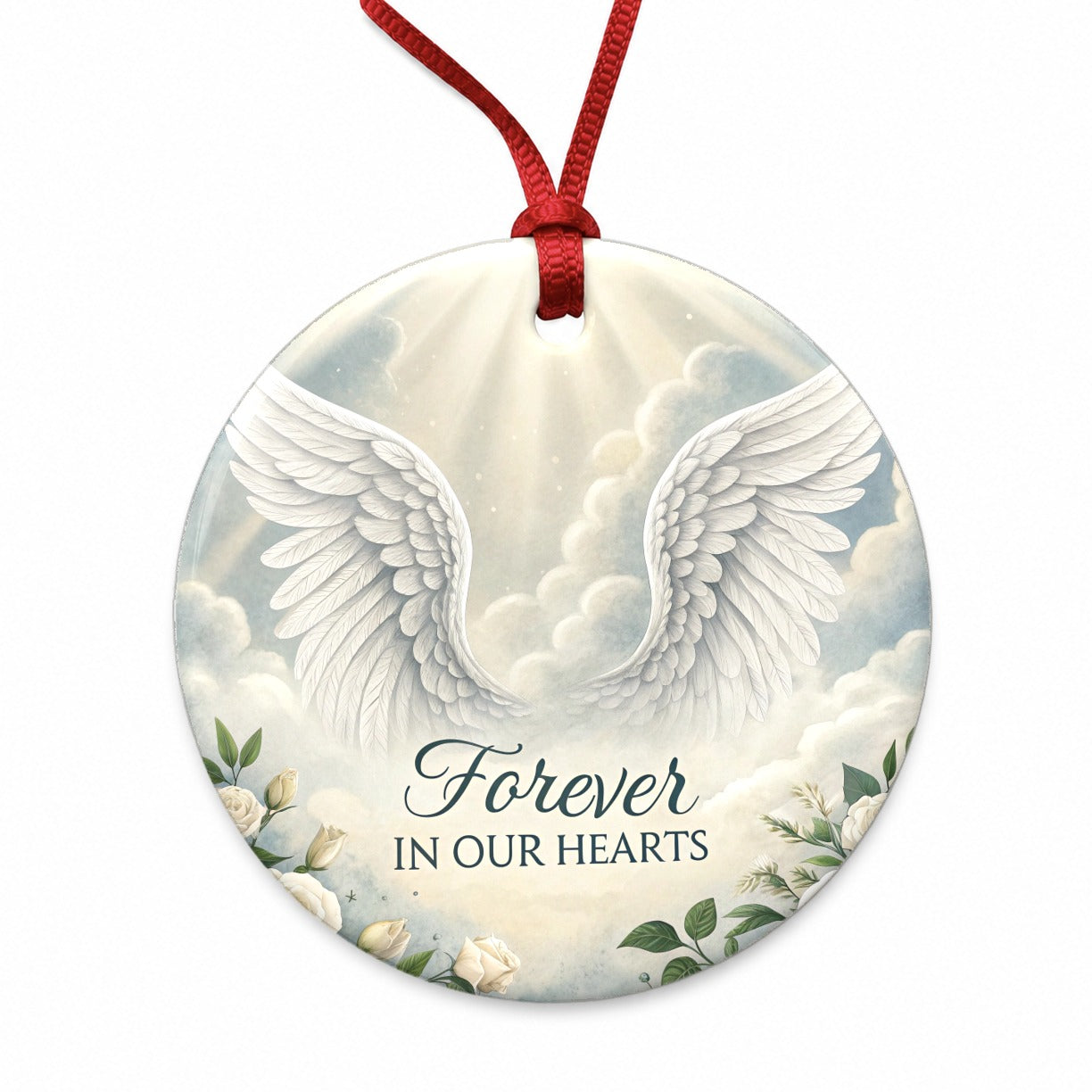 Forever In Our Hearts Angel Wings Heaven Round Ceramic Holiday Christmas Tree Ornament