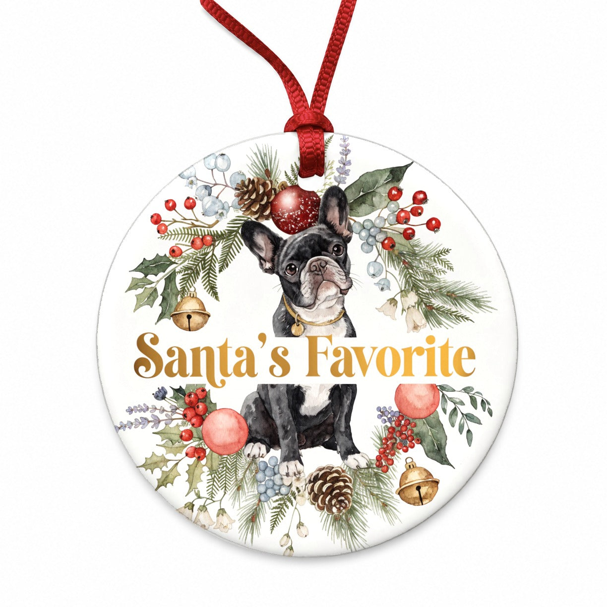 French Bulldog Dog Christmas Santa's Favorite Round Ceramic Holiday Christmas Tree Ornament