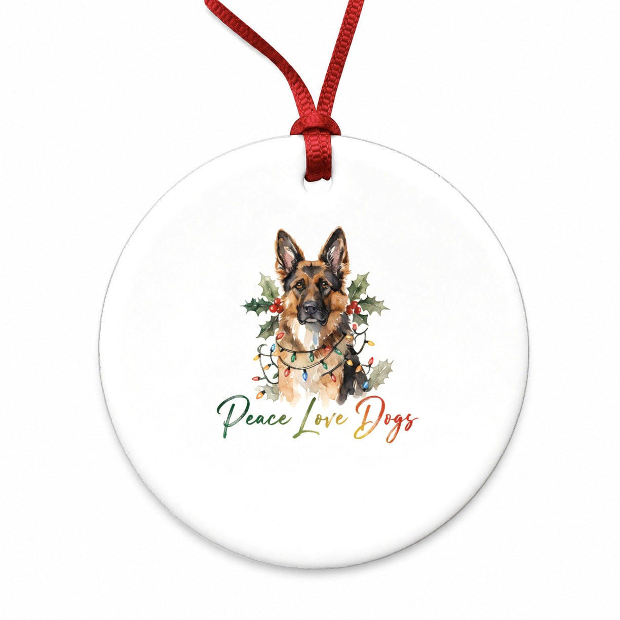 German Shepherd Christmas Peace Love Dogs Round Ceramic Holiday Christmas Tree Ornament