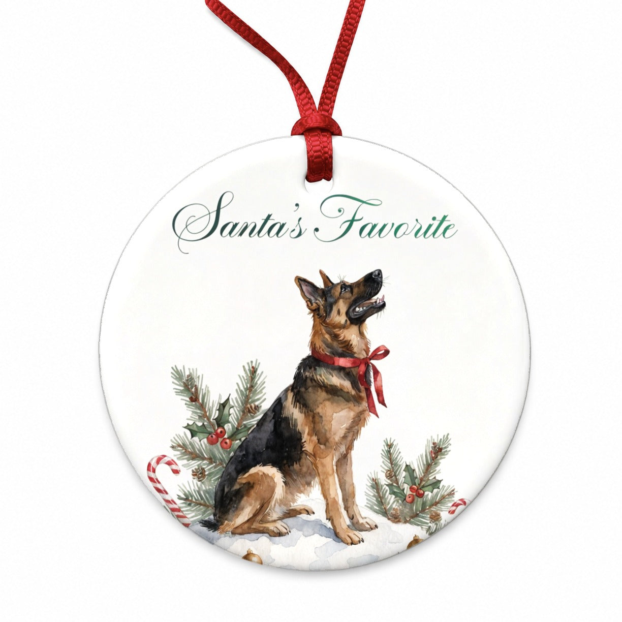German Shepherd Dog Christmas Santa's Favorite Round Ceramic Holiday Christmas Tree Ornament