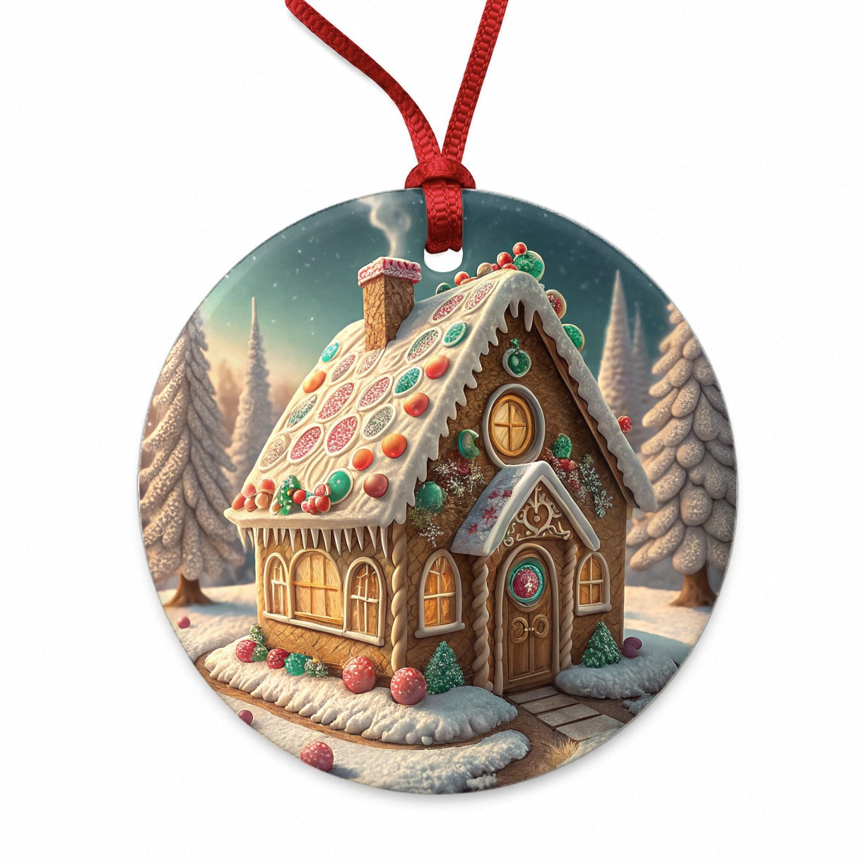 Gingerbread House Christmas Round Ceramic Holiday Christmas Tree Ornament