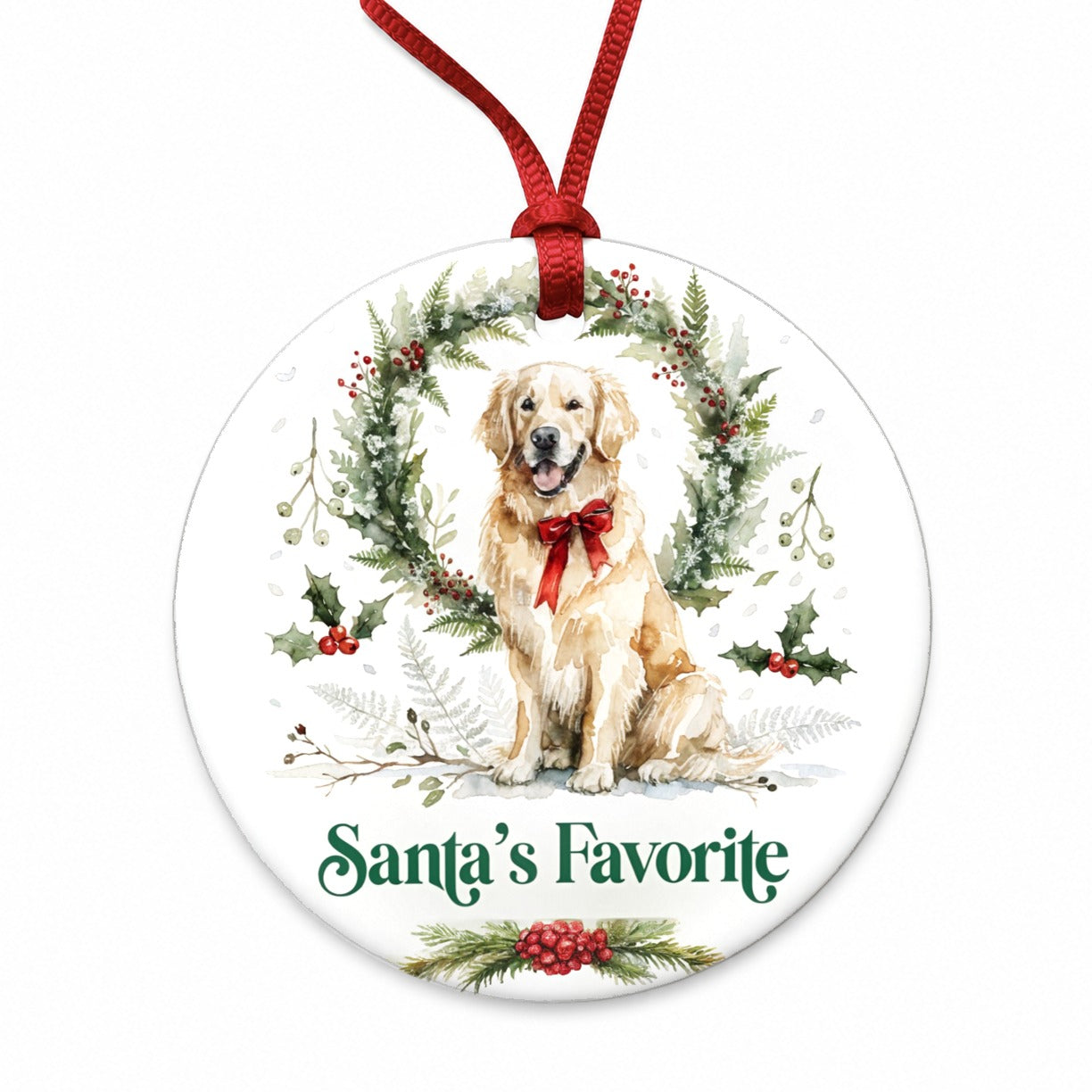 Golden Retriever Dog Christmas Santa's Favorite Round Ceramic Holiday Christmas Tree Ornament
