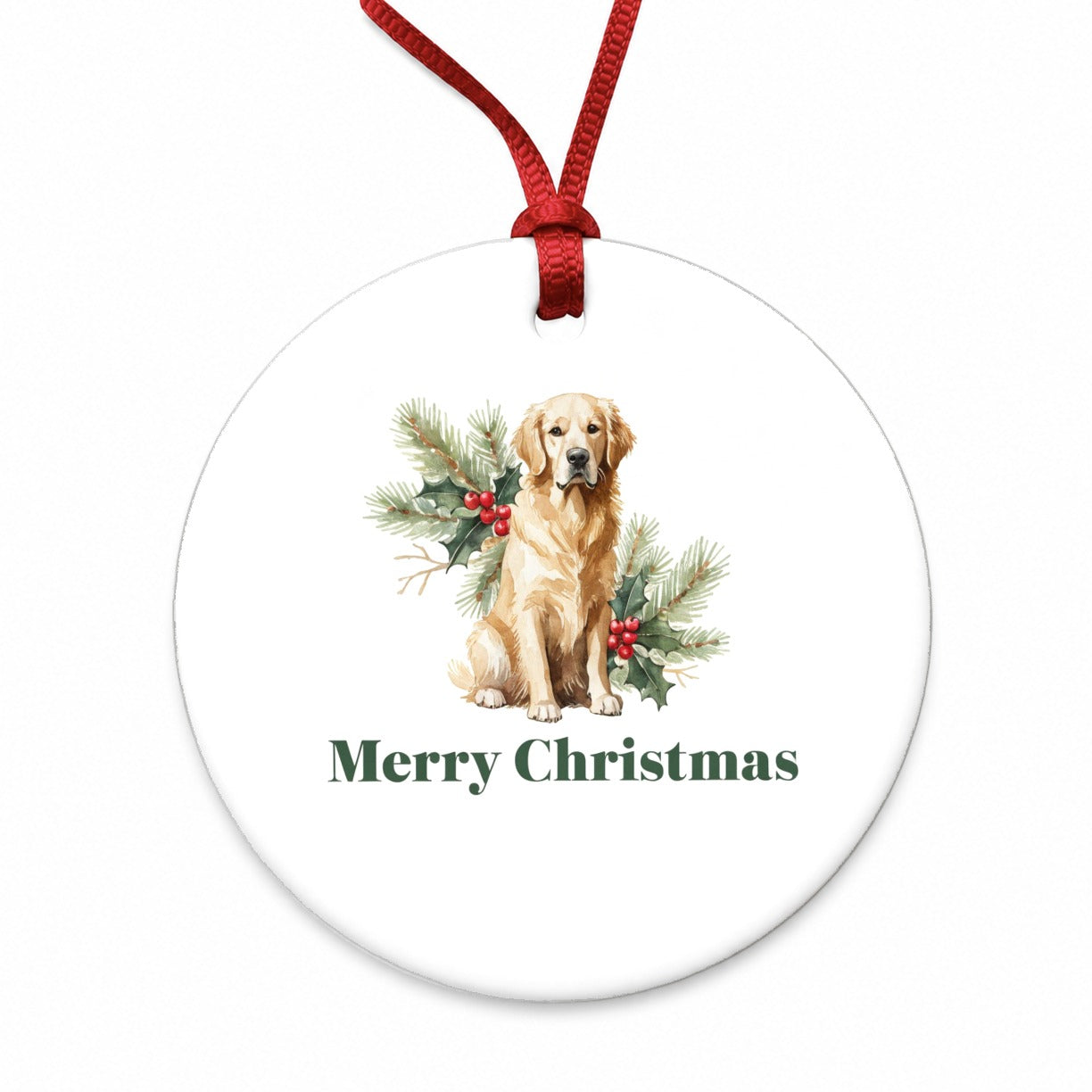 Golden Retriever Dog Merry Christmas Round Ceramic Holiday Christmas Tree Ornament