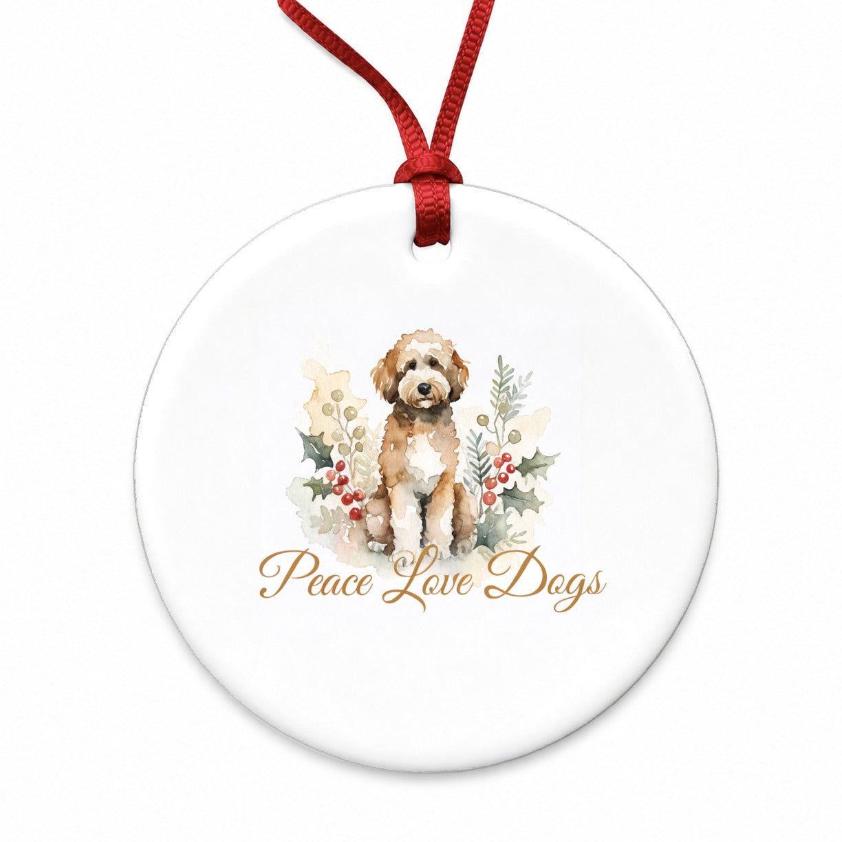 Goldendoodle Christmas Peace Love Dogs Round Ceramic Holiday Christmas Tree Ornament
