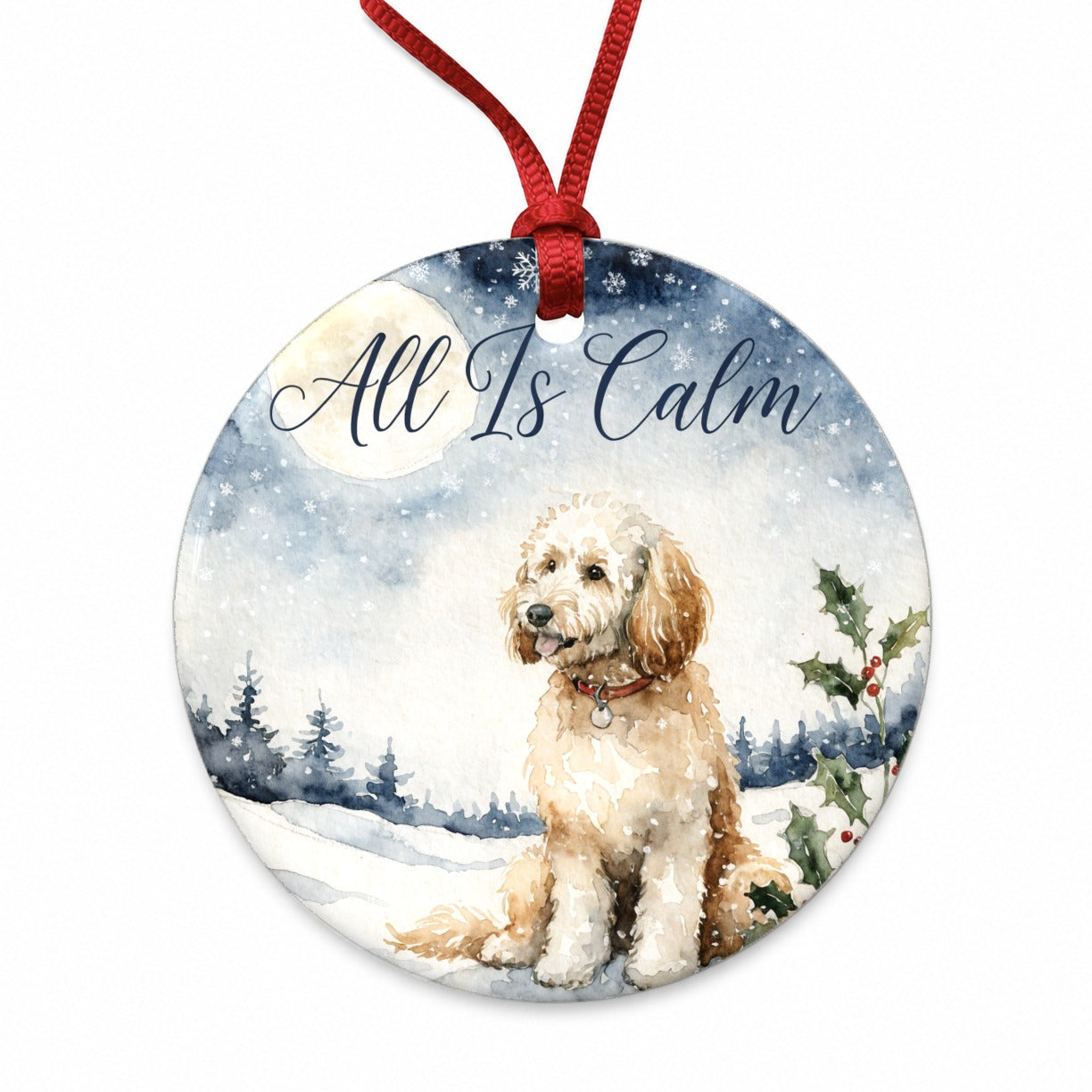 Goldendoodle Dog All Is Calm Christmas Round Ceramic Holiday Christmas Tree Ornament