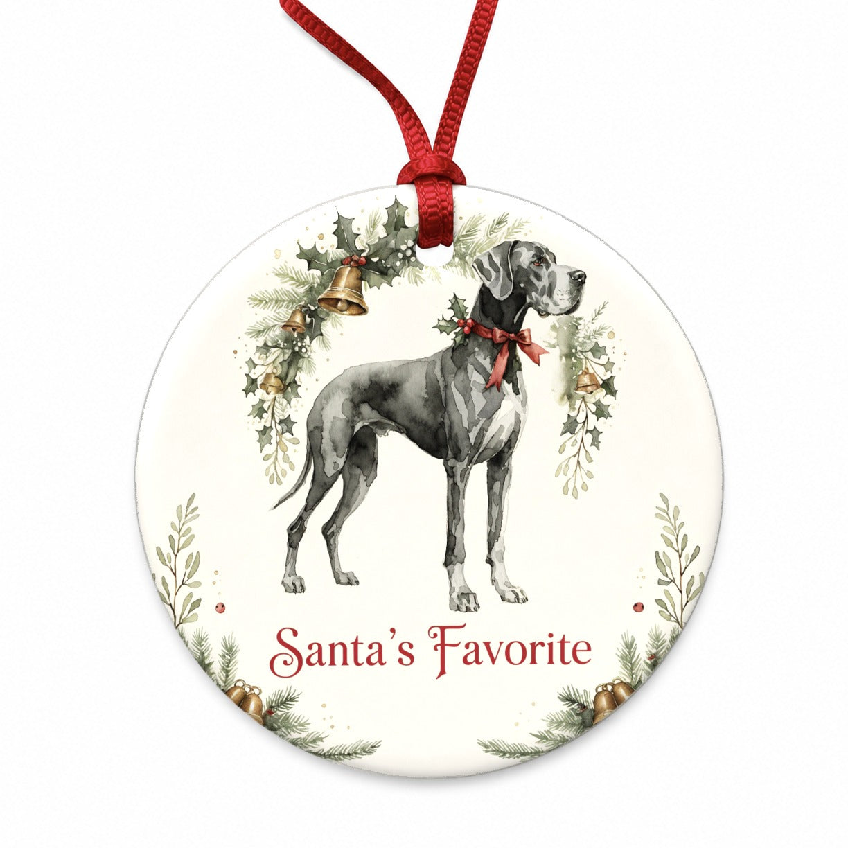 Great Dane Dog Christmas Santa's Favorite Round Ceramic Holiday Christmas Tree Ornament