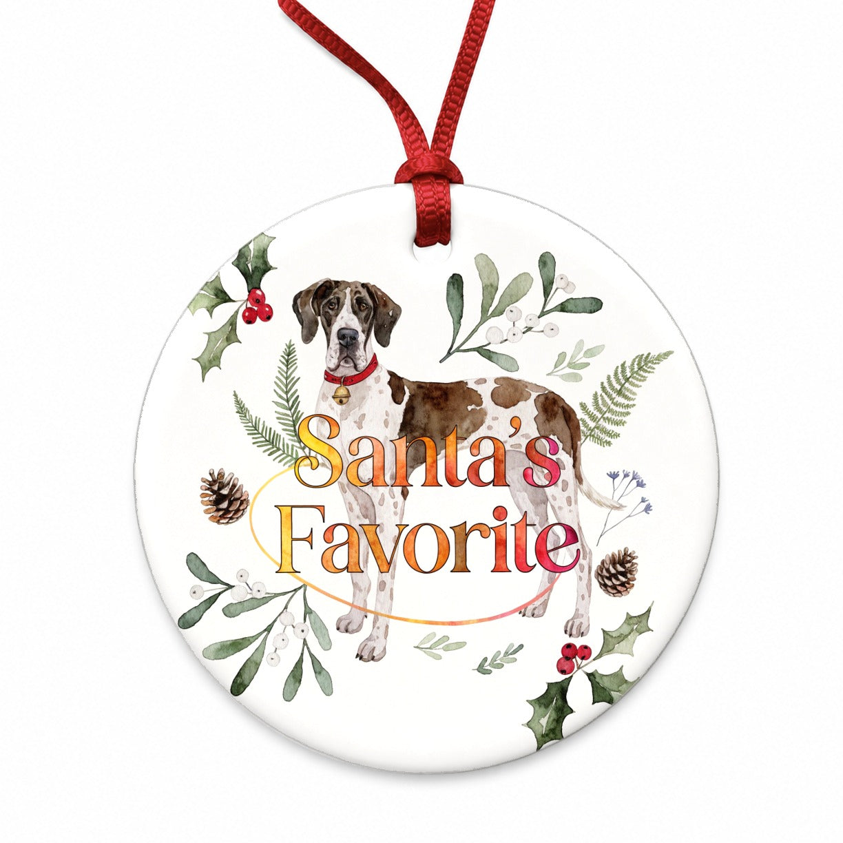 Great Dane Watercolor Dog Christmas Santa's Favorite Round Ceramic Holiday Christmas Tree Ornament