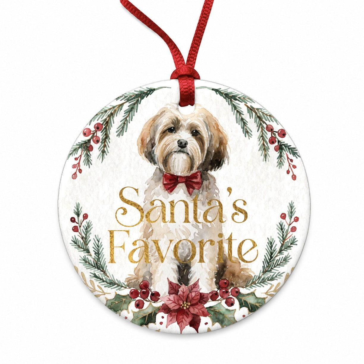 Havanese Dog Christmas Santa's Favorite Round Ceramic Holiday Christmas Tree Ornament
