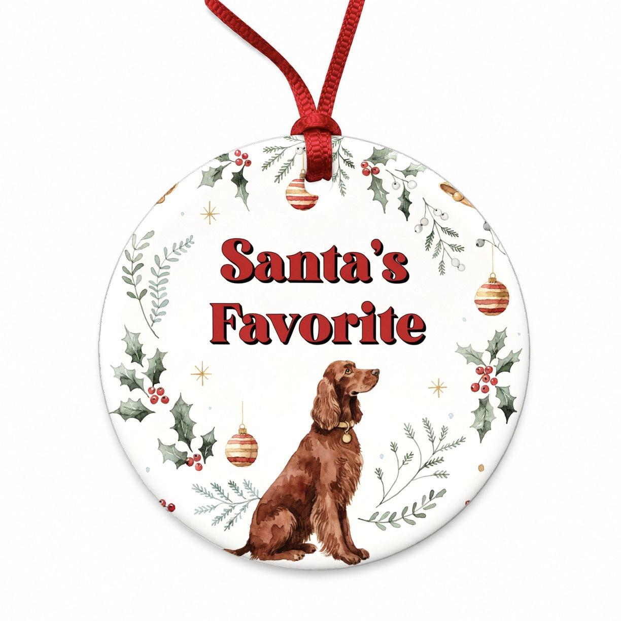 Irish Setter Dog Christmas Santa's Favorite Round Ceramic Holiday Christmas Tree Ornament