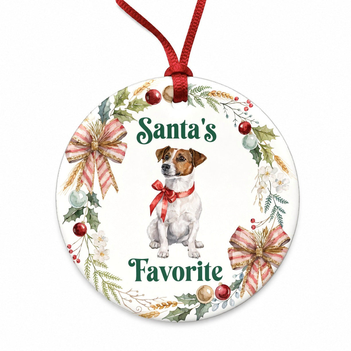 Jack Russell Terrier Dog Christmas Santa's Favorite Round Ceramic Holiday Christmas Tree Ornament