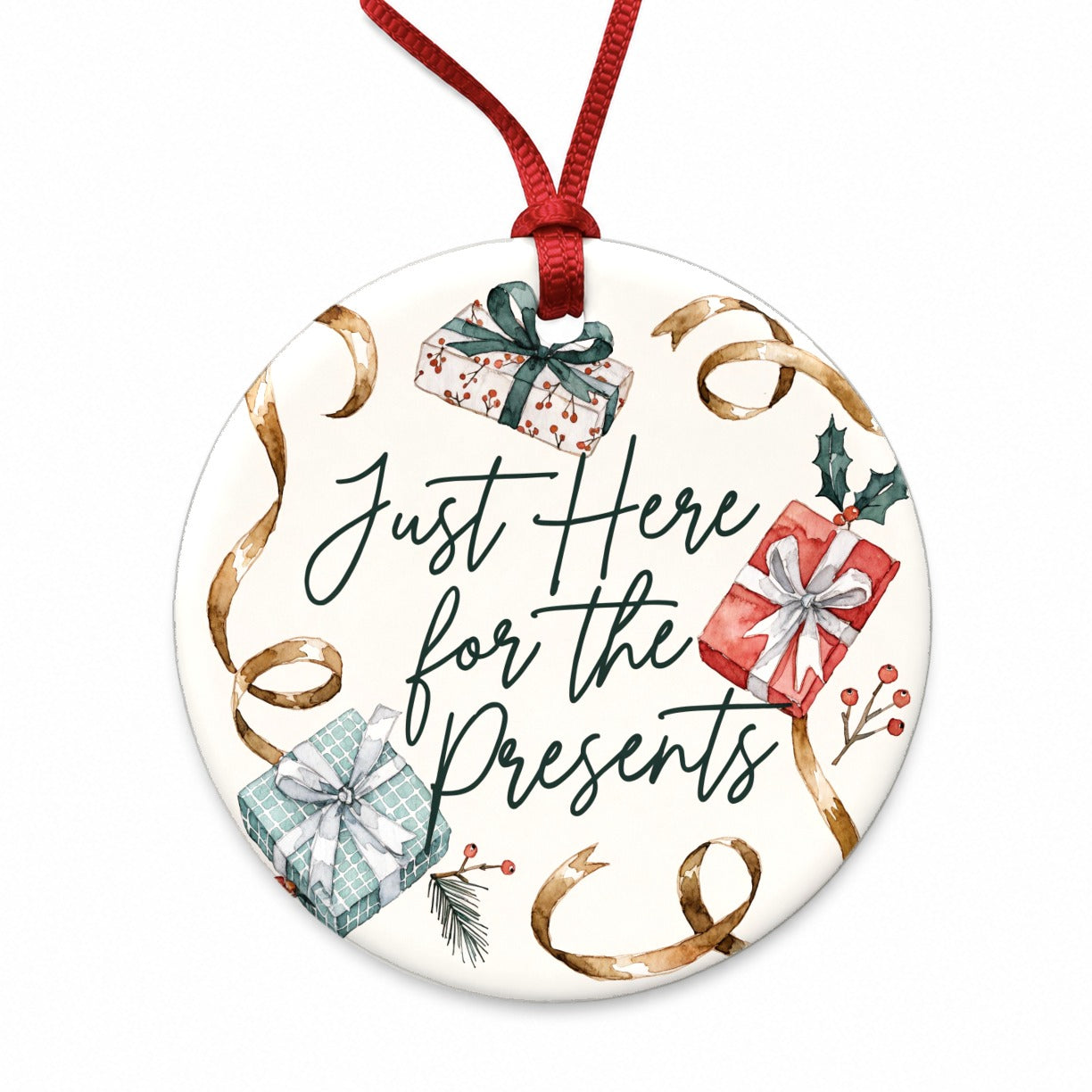Just Here For Presents Christmas Xmas Funny Round Ceramic Holiday Christmas Tree Ornament