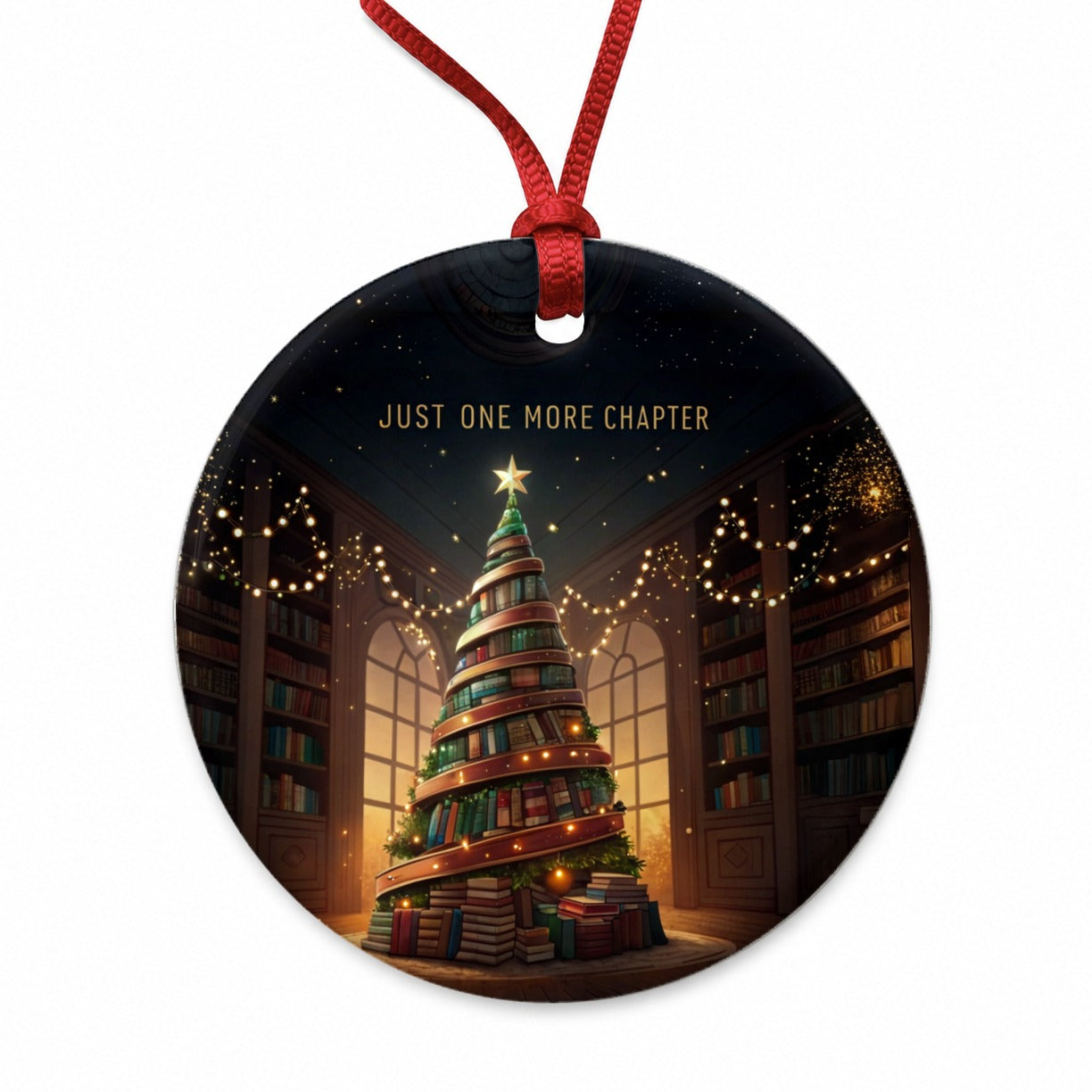 Just One More Chapter Christmas Books Reader Round Ceramic Holiday Christmas Tree Ornament