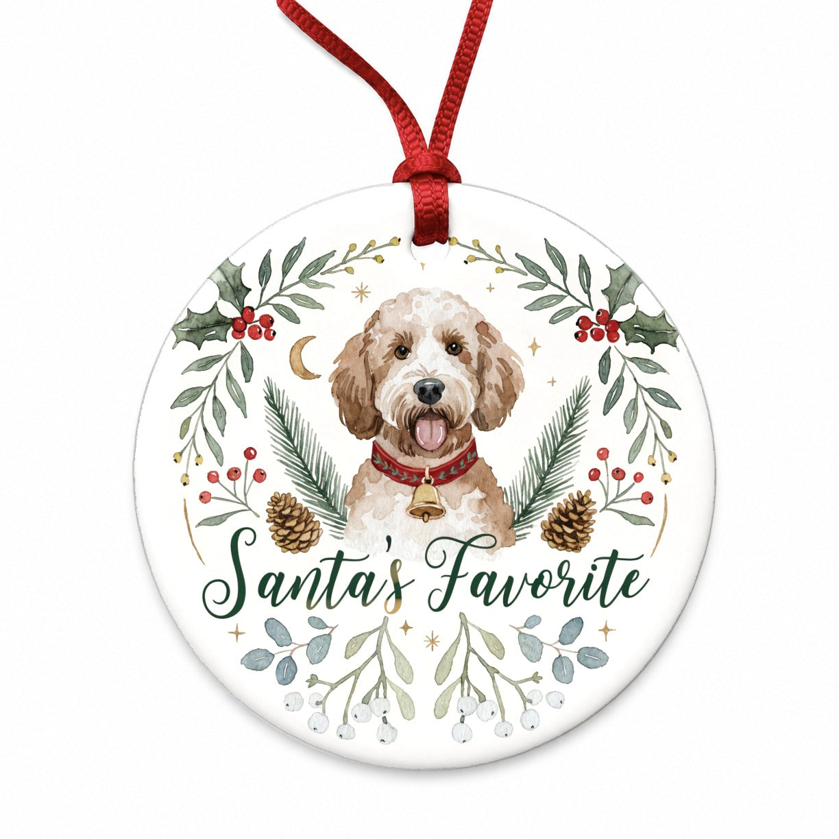 Labradoodle Dog Christmas Santa's Favorite Round Ceramic Holiday Christmas Tree Ornament