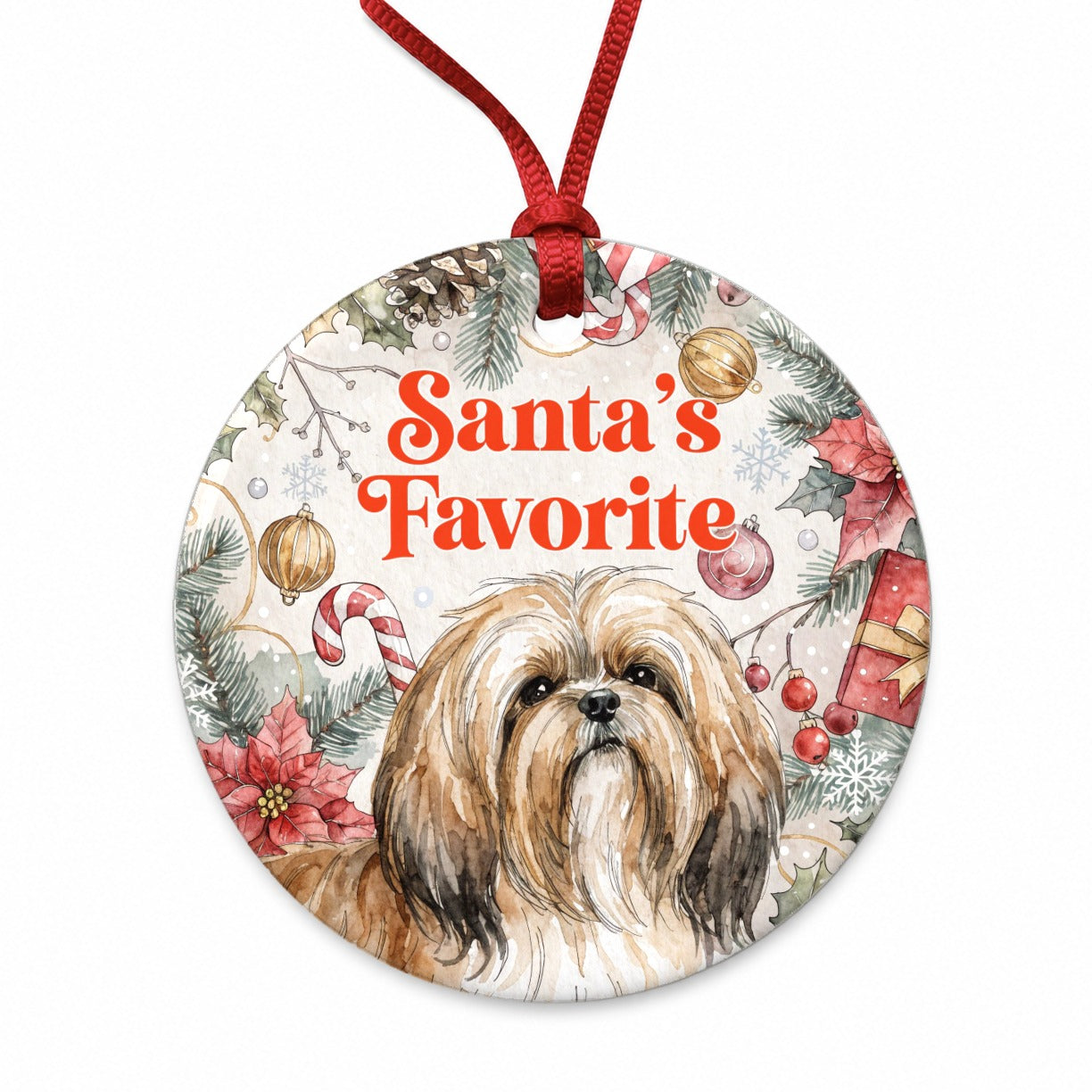 Lhasa Apso Dog Christmas Santa's Favorite Round Ceramic Holiday Christmas Tree Ornament