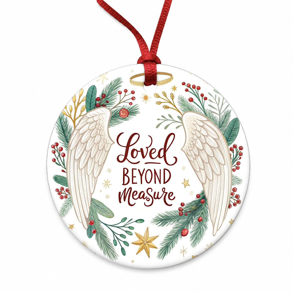Loved Beyond Measure Christmas Angel Wings Halo Round Ceramic Holiday Christmas Tree Ornament