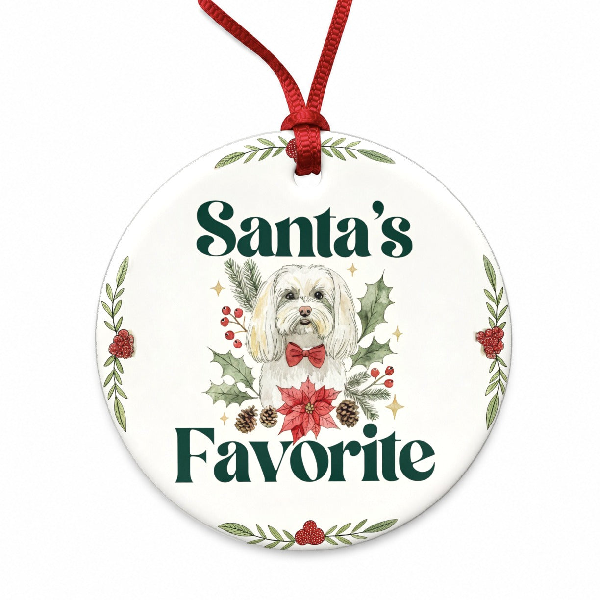 Maltese Dog Christmas Santa's Favorite Round Ceramic Holiday Christmas Tree Ornament