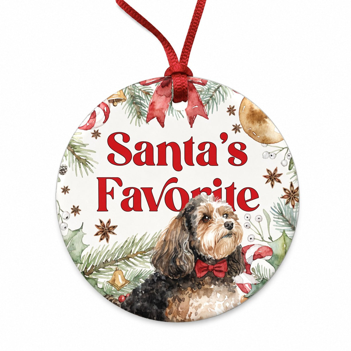 Maltipoo Dog Cute Christmas Santa's Favorite Round Ceramic Holiday Christmas Tree Ornament
