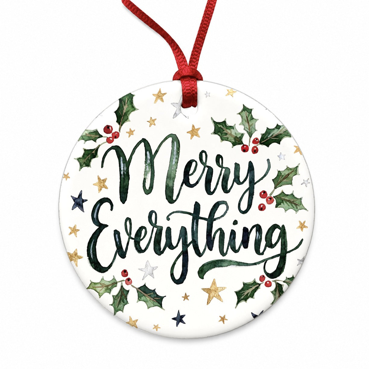 Merry Everything Christmas Green Round Ceramic Holiday Christmas Tree Ornament