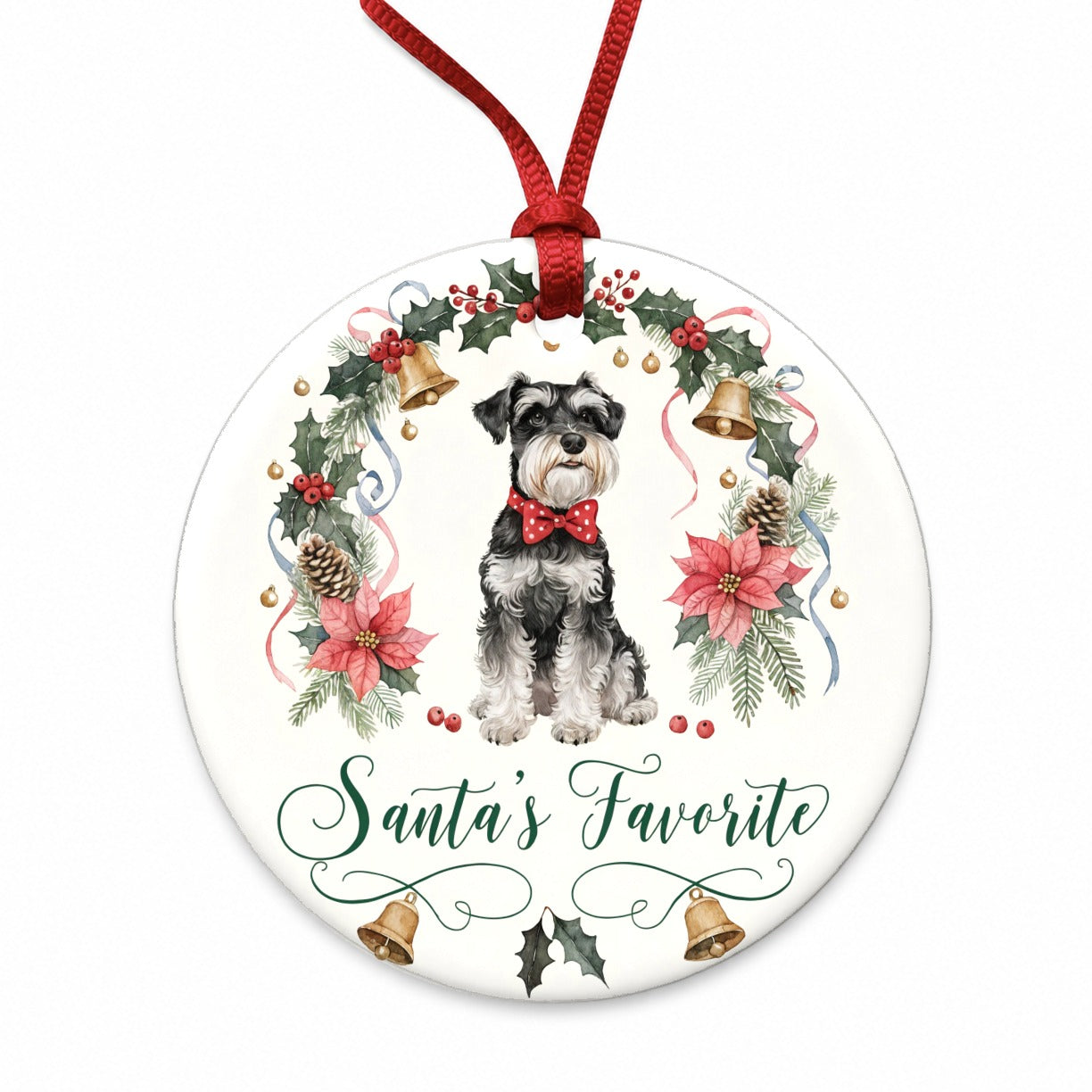 Miniature Schnauzer Dog Christmas Santa's Favorite Round Ceramic Holiday Christmas Tree Ornament