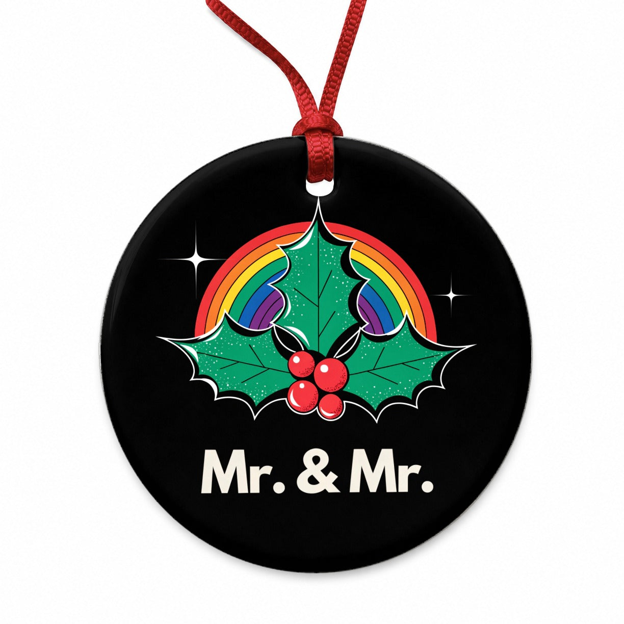 Mr and Mr Pride Gay Rainbow Christmas Round Ceramic Holiday Christmas Tree Ornament