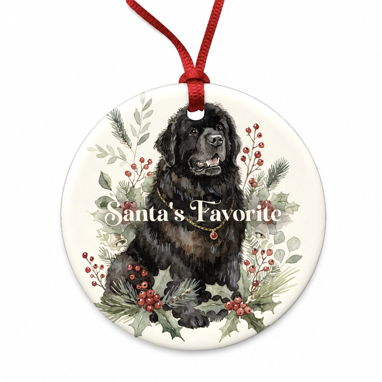 Newfoundland Dog Christmas Santa's Favorite Round Ceramic Holiday Christmas Tree Ornament