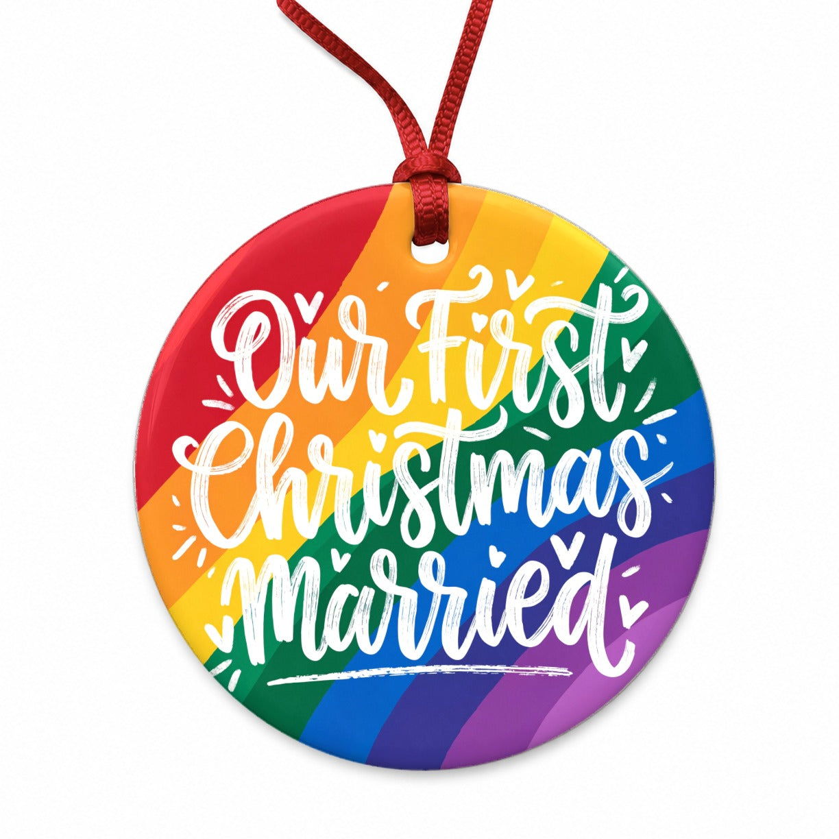 Our First Christmas Married LGBTQ Pride Rainbow Round Ceramic Holiday Christmas Tree Ornament