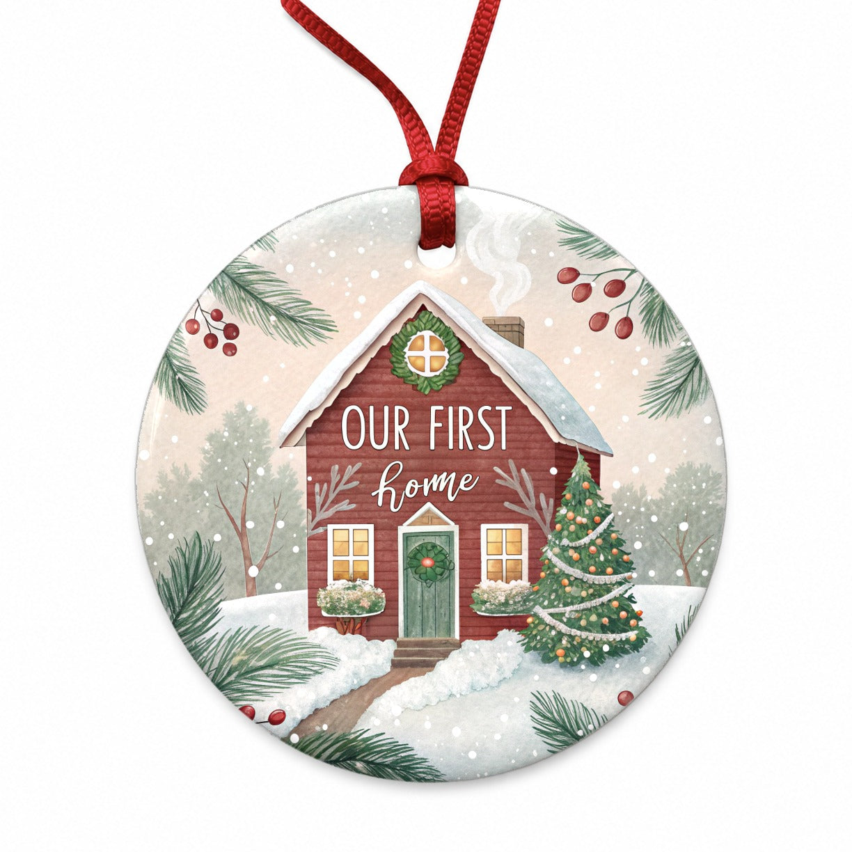 Our First Home Christmas Red House Round Ceramic Holiday Christmas Tree Ornament