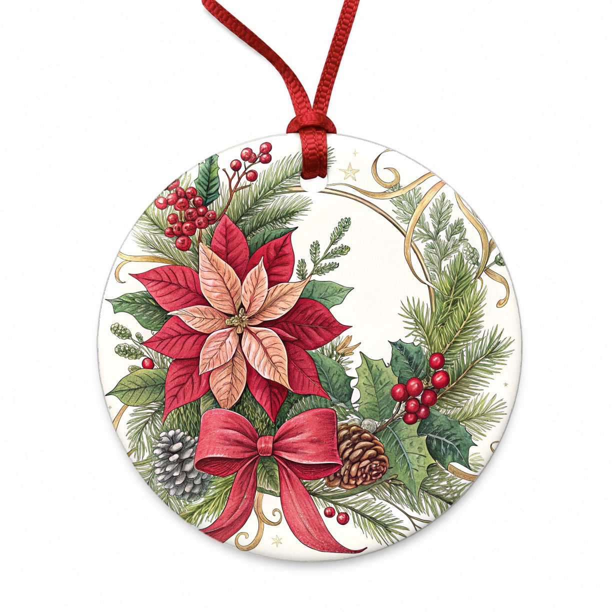 Poinsettias Holly Berries Christmas Round Ceramic Holiday Christmas Tree Ornament