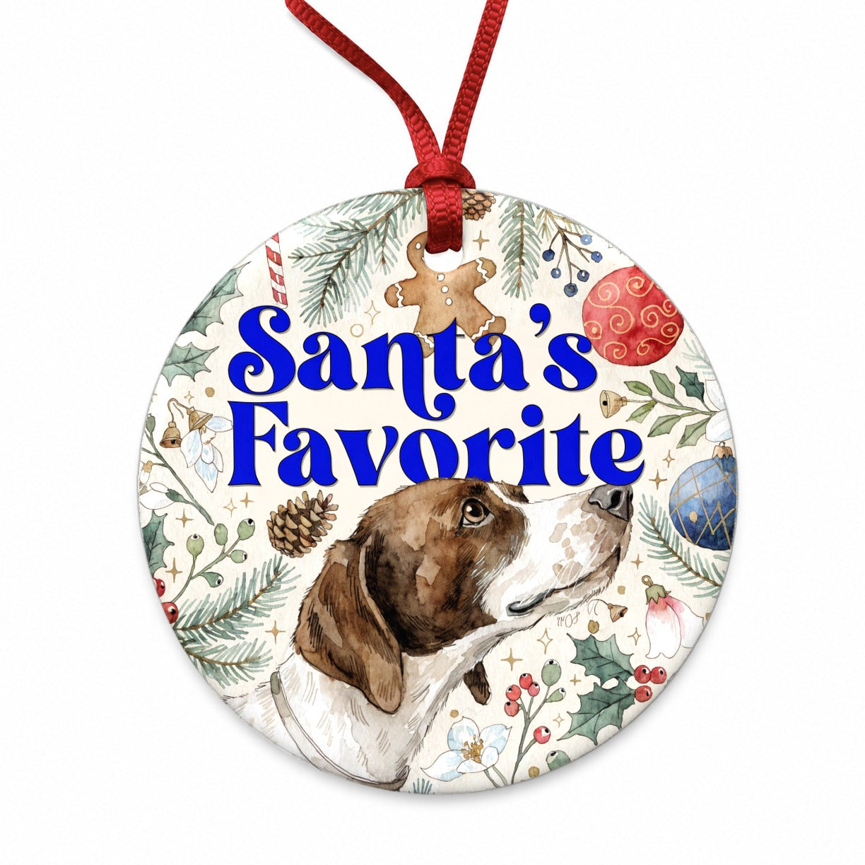 Pointer Dog Christmas Santa's Favorite Round Ceramic Holiday Christmas Tree Ornament