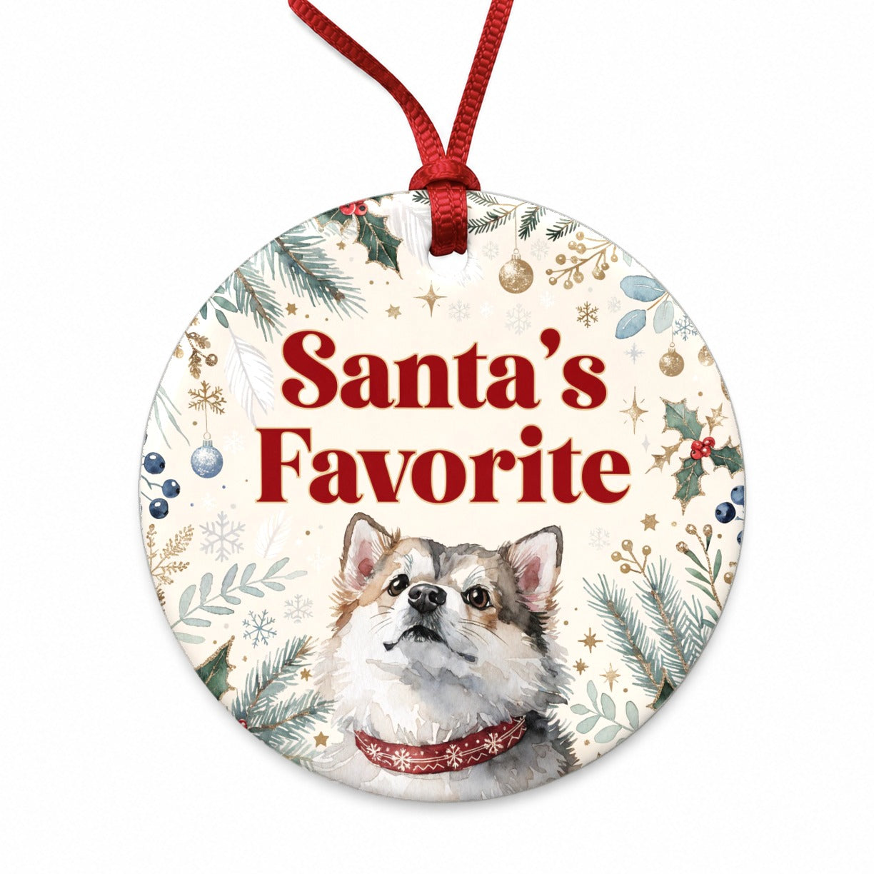 Pomsky Dog Christmas Santa's Favorite Round Ceramic Holiday Christmas Tree Ornament