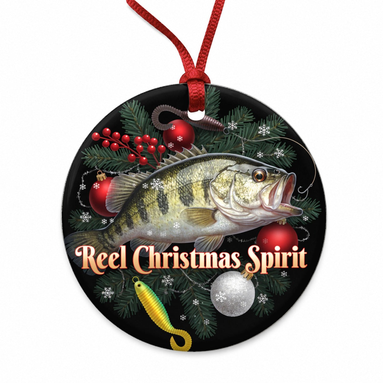 Reel Christmas Spirit Fishing Fisherman Round Ceramic Holiday Christmas Tree Ornament