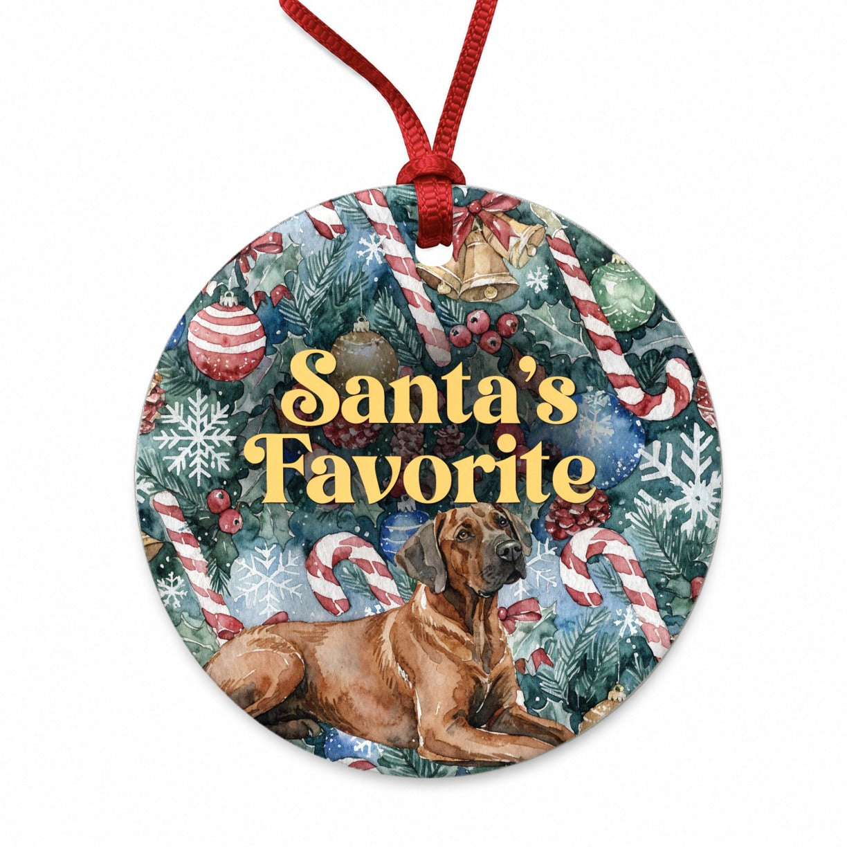 Rhodesian Ridgeback Dog Christmas Santa's Favorite Round Ceramic Holiday Christmas Tree Ornament