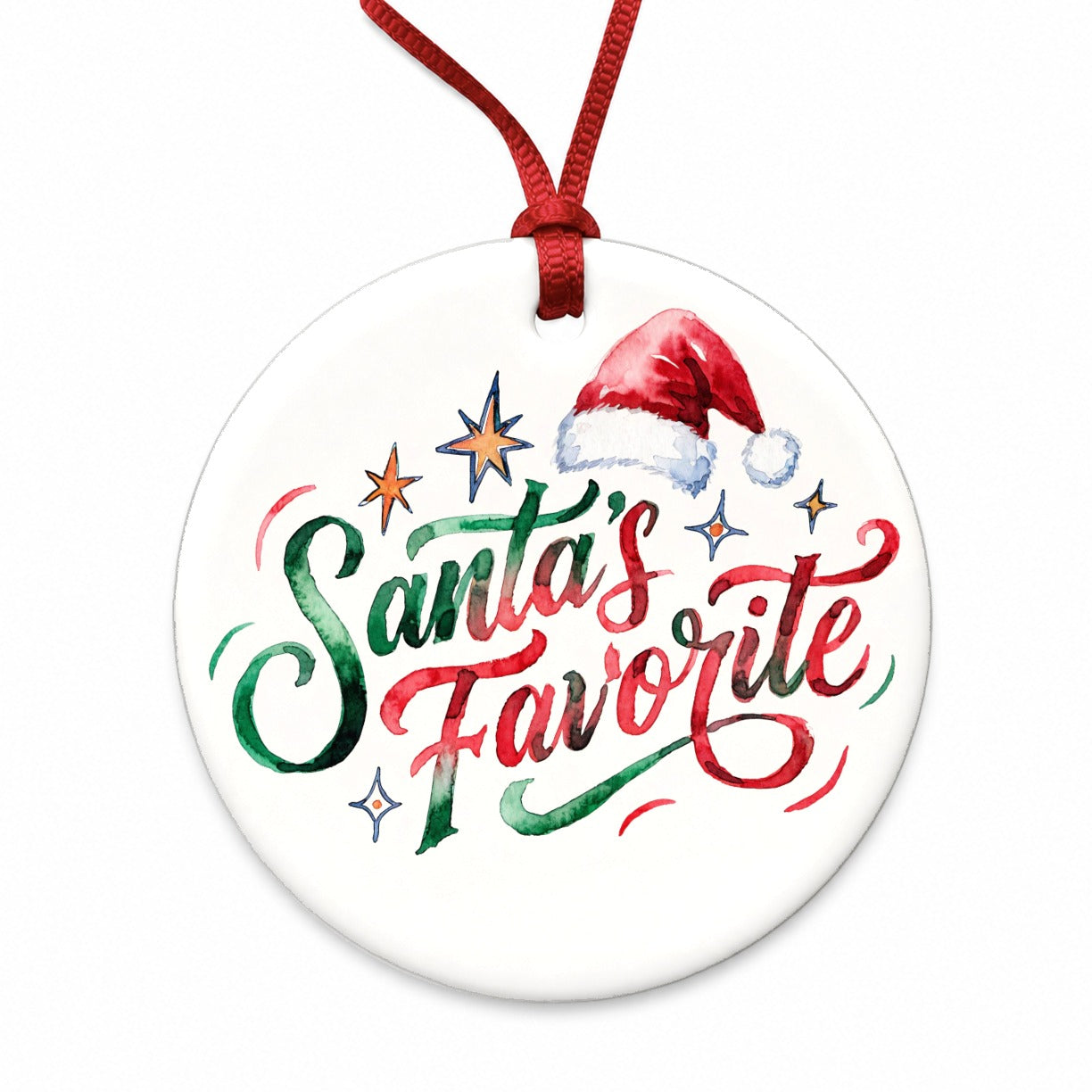 Santa's Favorite Christmas Funny Red Green Round Ceramic Holiday Christmas Tree Ornament