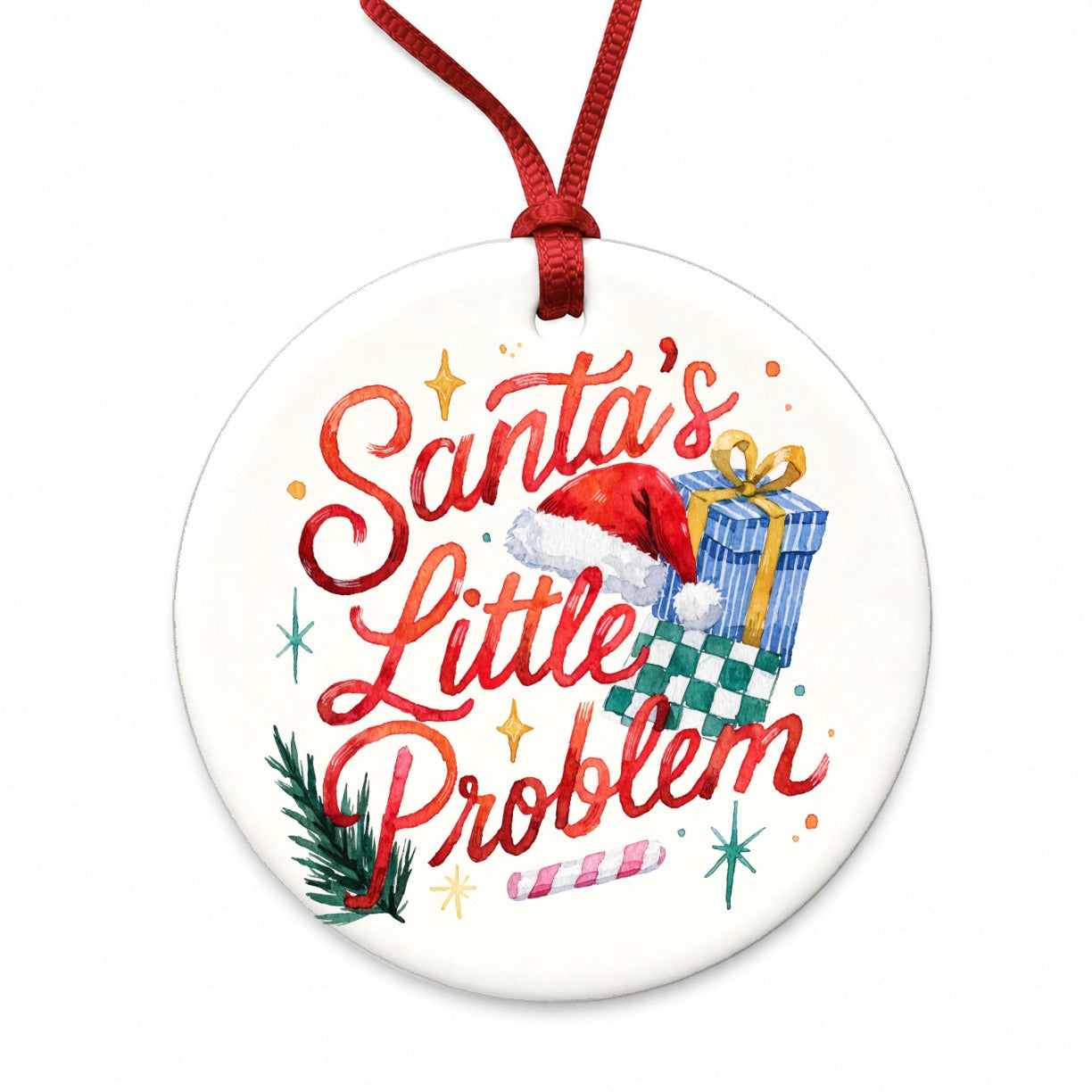 Santa's Little Problem Christmas Funny Round Ceramic Holiday Christmas Tree Ornament