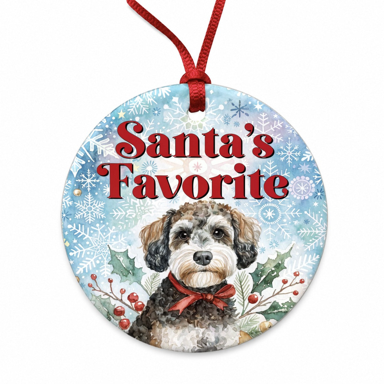 Schnoodle Dog Christmas Santa's Favorite Round Ceramic Holiday Christmas Tree Ornament