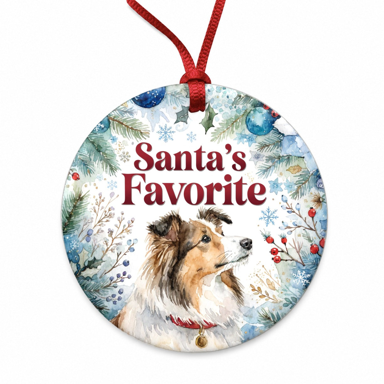 Shetland Sheepdog Christmas Santa's Favorite Round Ceramic Holiday Christmas Tree Ornament