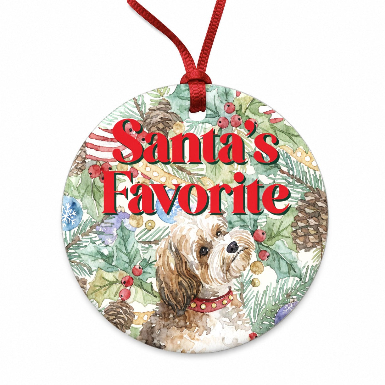 Shorkie Dog Christmas Santa's Favorite Round Ceramic Holiday Christmas Tree Ornament
