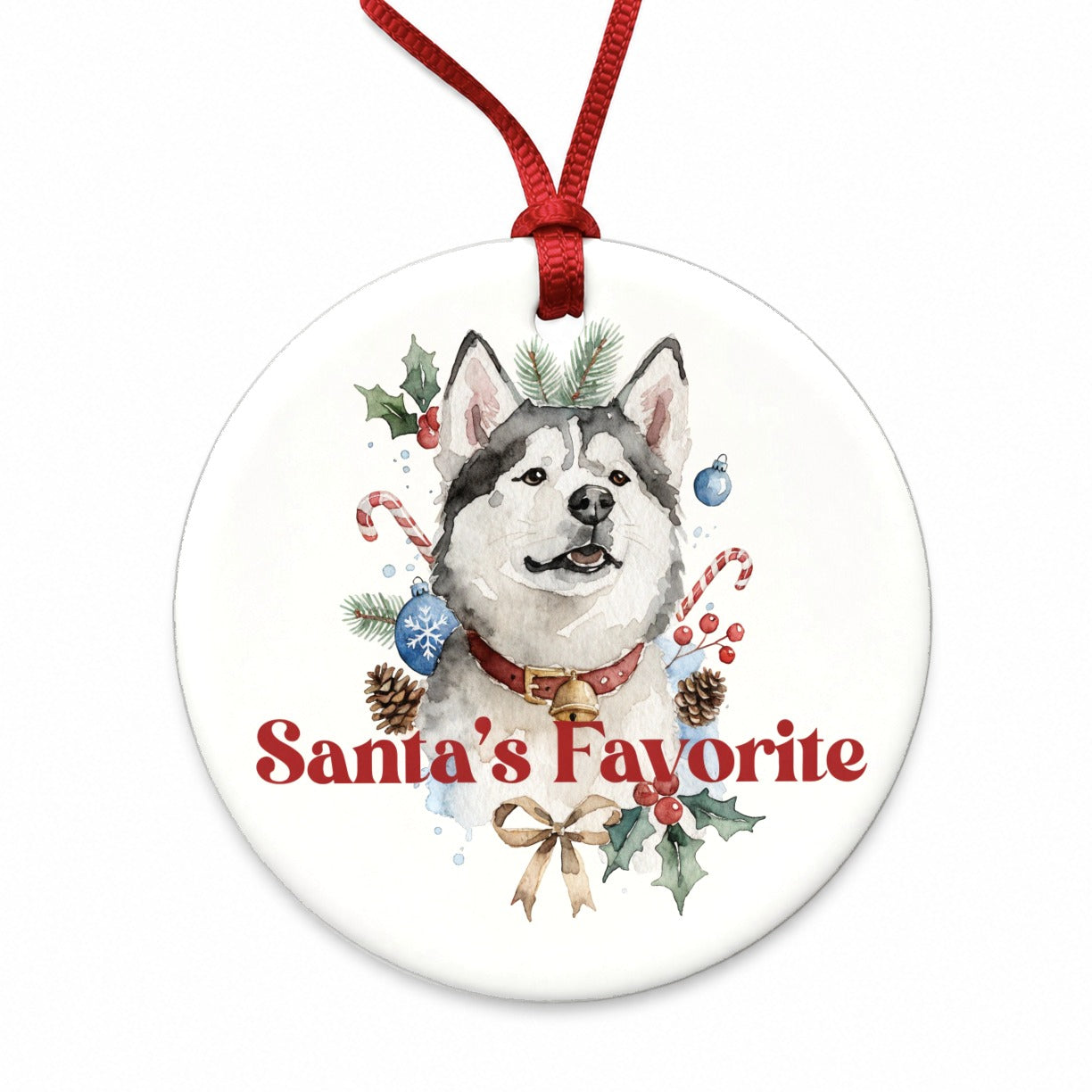 Siberian Husky Dog Christmas Santa's Favorite Round Ceramic Holiday Christmas Tree Ornament
