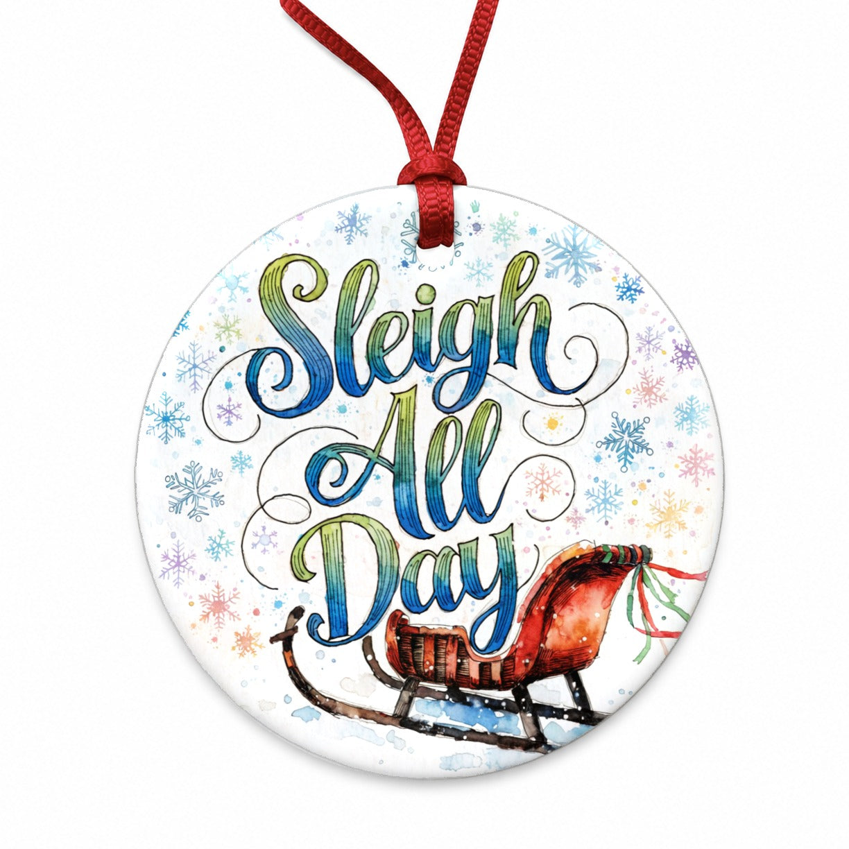 Sleigh Slay All Day Christmas Funny Snowflakes Round Ceramic Holiday Christmas Tree Ornament