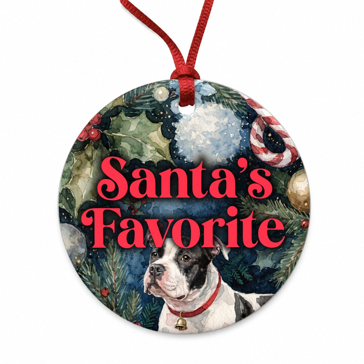 Staffordshire Bull Terrier Dog Christmas Santa's Favorite Round Ceramic Holiday Christmas Tree Ornament